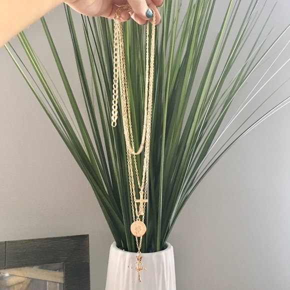 Rose, Coin, and Cross Layered Gold Necklace - Picture 5 of 8